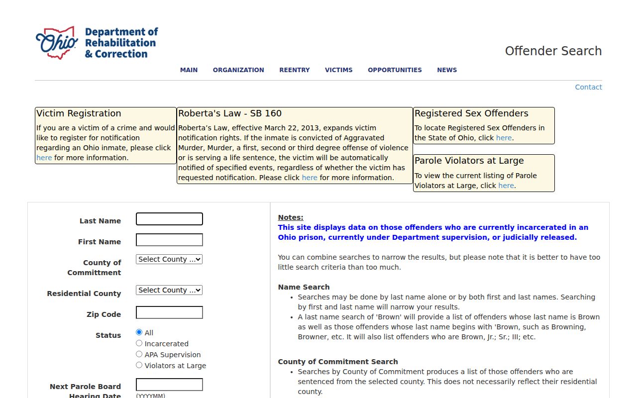 Ohio resident lookup source for the Department of Rehabilitation and Correction offender search