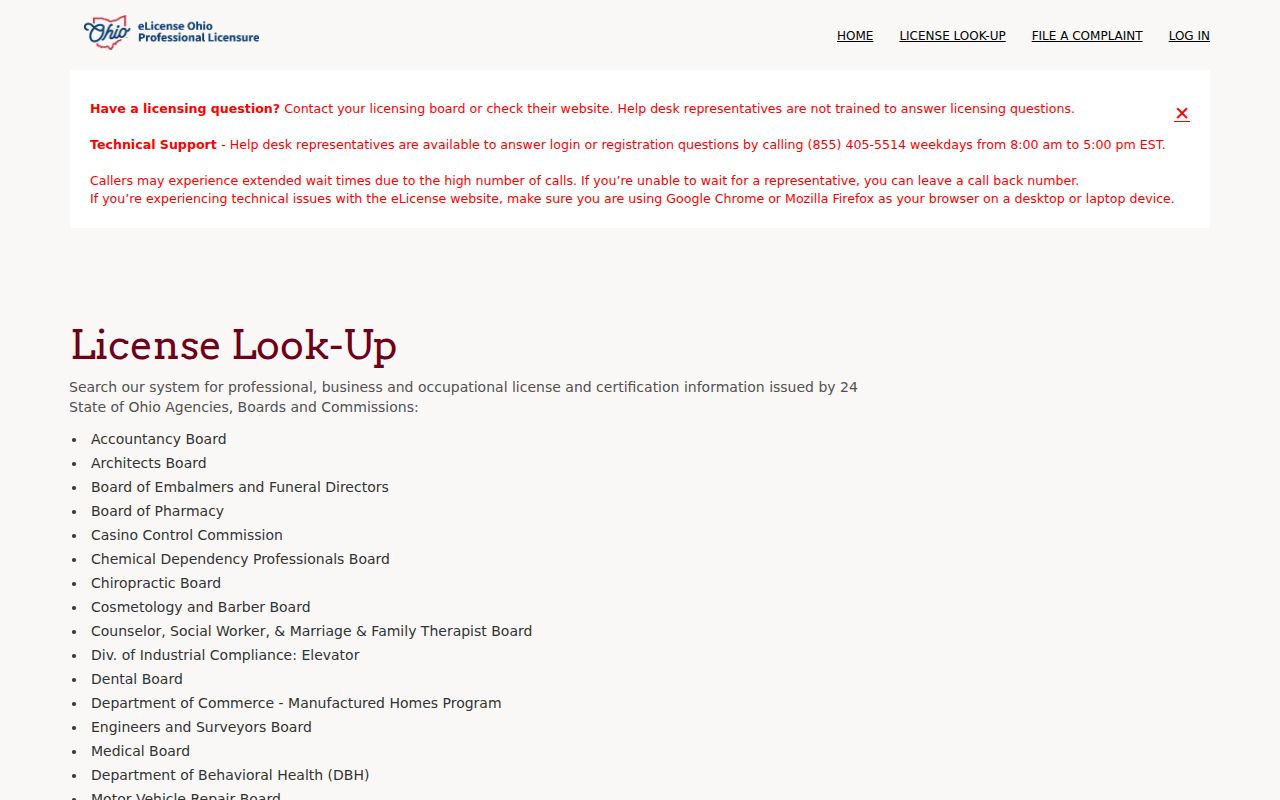 Ohio resident lookup example of the official eLicense professional lookup