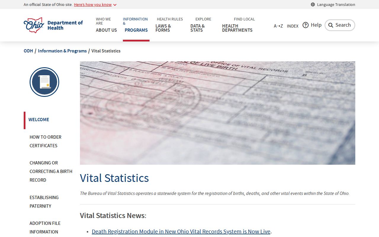 Ohio resident lookup source for birth and death records through Vital Statistics